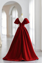 Long Dress Design, Burgundy V-Neck Velvet Long Formal Dress, A-Line Short Sleeve Evening Dress