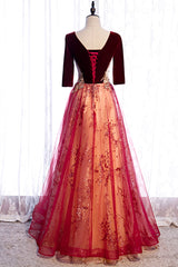 Fashion Dress, Burgundy V-Neck Velvet Tulle Long Prom Dress, A-Line 1/2 Sleeve Evening Dress