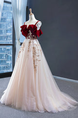 Prom Dresses 2021, Burgundy Velvet Lace Long Prom Dress, A-Line Off Shoulder Evening Dress