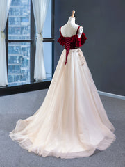 Prom Dresses Ideas, Burgundy Velvet Lace Long Prom Dress, A-Line Off Shoulder Evening Dress