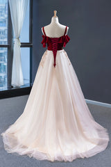 Prom Dress Unique, Burgundy Velvet Lace Long Prom Dress, A-Line Off Shoulder Evening Dress