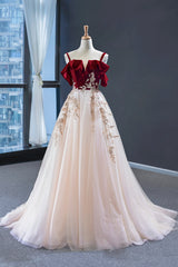 Prom Dress Under 201, Burgundy Velvet Lace Long Prom Dress, A-Line Off Shoulder Evening Dress