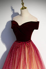 Party Dresses Stores, Burgundy Velvet Long A-Line Formal Dress, Off the Shoulder Evening Party Dress