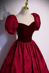Prom Dress Design, Burgundy Velvet Long A-Line Prom Dress, Burgundy Short Sleeve Evening Dress