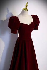 Prom Dress Inspirational, Burgundy Velvet Long A-Line Prom Dress, Simple Short Sleeve Party Dress