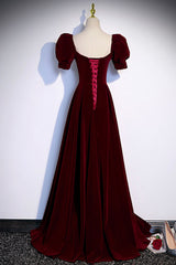 Prom Dress Designer, Burgundy Velvet Long A-Line Prom Dress, Simple Short Sleeve Party Dress