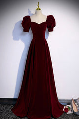 Prom Dresses Inspiration, Burgundy Velvet Long A-Line Prom Dress, Simple Short Sleeve Party Dress