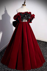 Midi Dress, Burgundy Velvet Off the Shoulder Floor Length Prom Dress