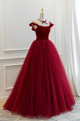 Bridesmaid Dresses Mauve, Burgundy Velvet Tulle Floor Length Prom Dress, Lovely Evening Party Dress