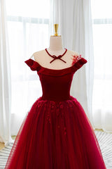 Flower Girl, Burgundy Velvet Tulle Floor Length Prom Dress, Lovely Evening Party Dress