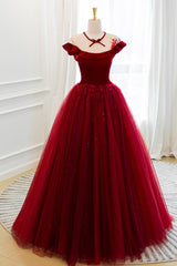 Bridesmaid Dress Mauve, Burgundy Velvet Tulle Floor Length Prom Dress, Lovely Evening Party Dress