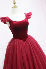 Formal Dresses Size 14, Burgundy Velvet Tulle Tea Length Prom Dress, Cute A-Line Party Dress