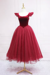 Formal Dresses With Tulle, Burgundy Velvet Tulle Tea Length Prom Dress, Cute A-Line Party Dress