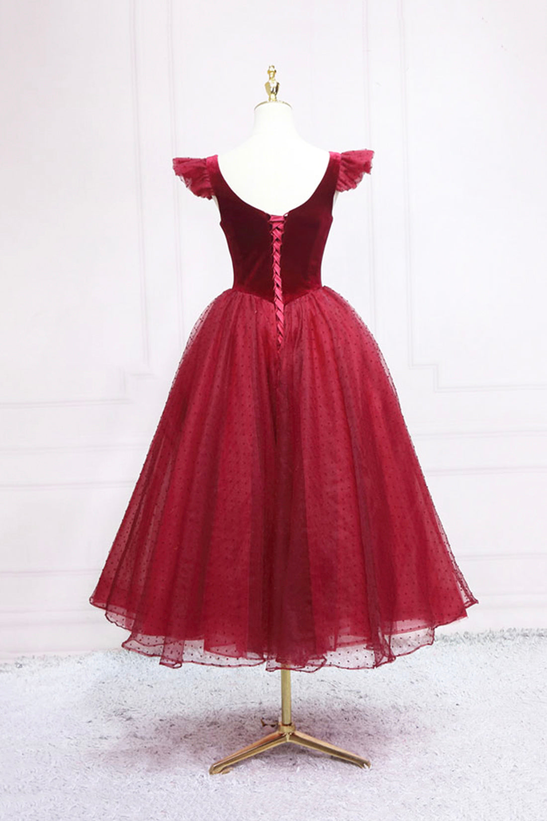 Formal Dresses Homecoming, Burgundy Velvet Tulle Tea Length Prom Dress, Cute A-Line Party Dress