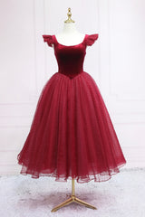 Formal Dresses Fall, Burgundy Velvet Tulle Tea Length Prom Dress, Cute A-Line Party Dress