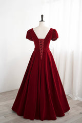 Formal Dress For Teen, Burgundy Velvet Velvet Long Prom Dress, Cute Short Sleeve Party Dress