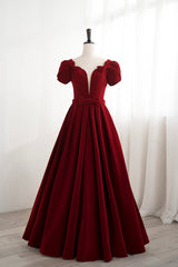 Formal Dress Long Elegant, Burgundy Velvet Velvet Long Prom Dress, Cute Short Sleeve Party Dress