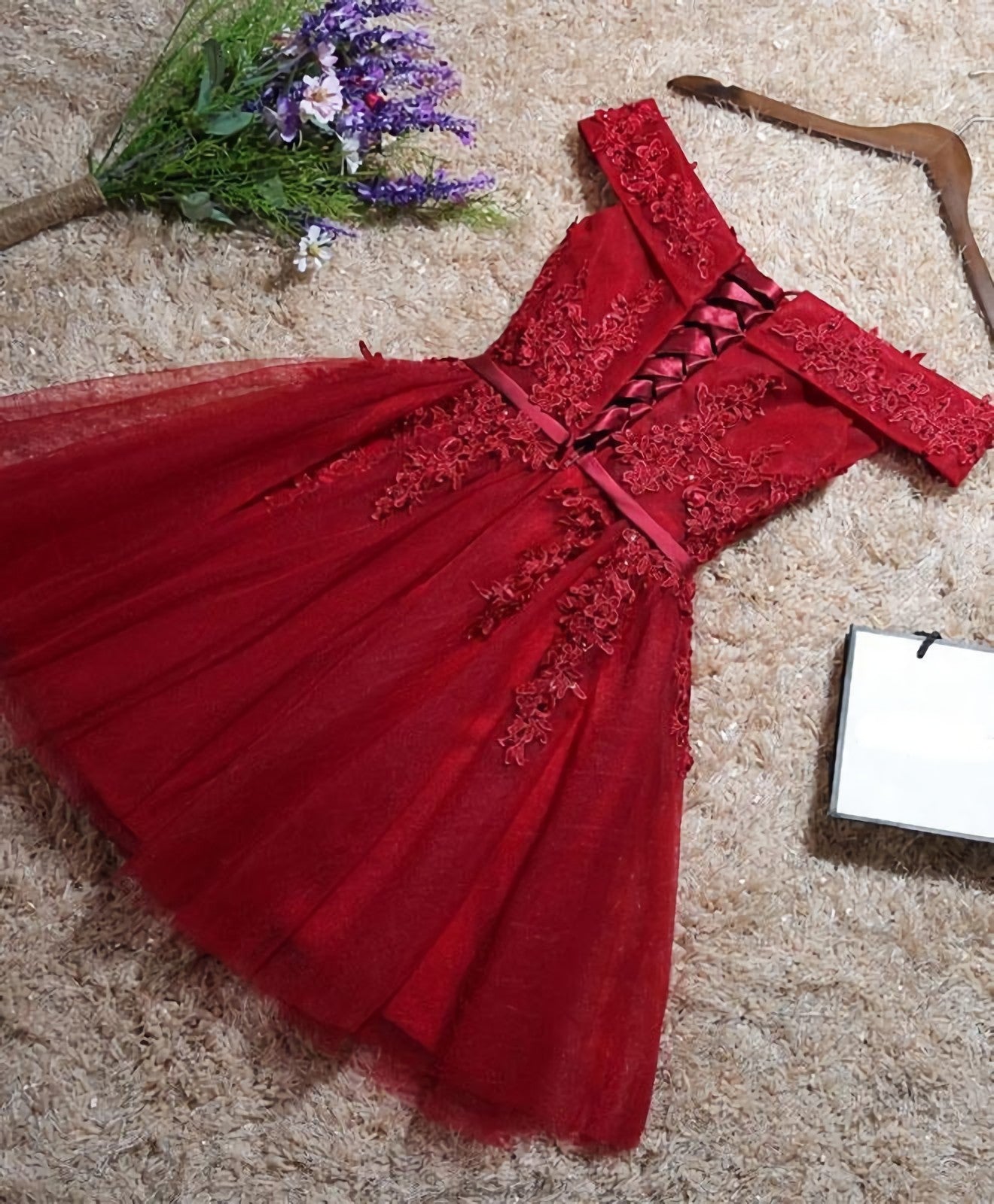 Prom Dress Long Formal Evening Gown, Burgundy Lace Off Shoulder Short Prom Dress, Lace Evening Dress