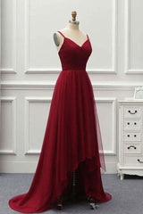 Bridesmaid Dress Formal, A Line High Low Tulle Prom Dress with Train, Burgundy V Neck Backless Formal Dress