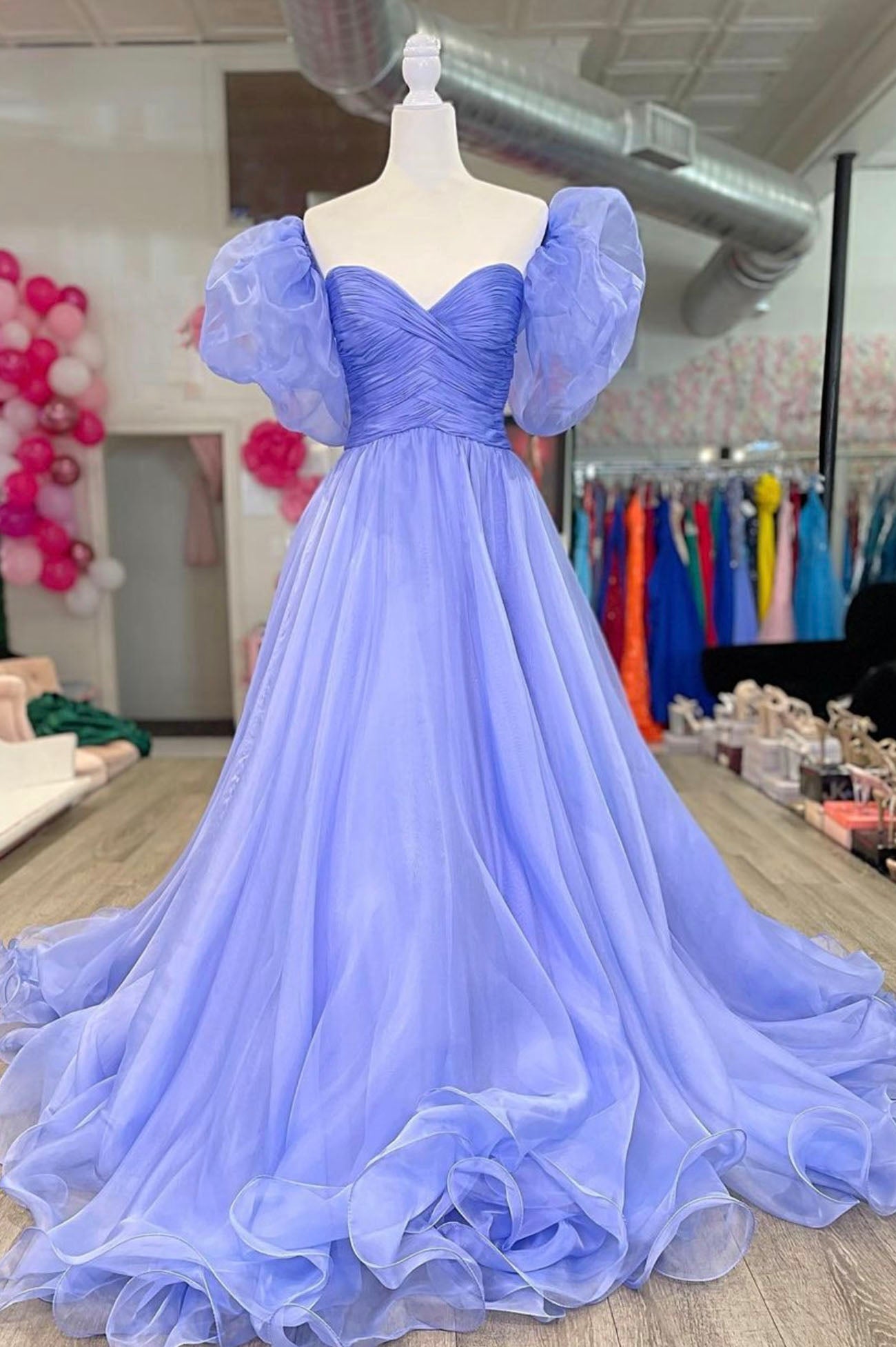 Party Dresses Classy Elegant, A-Line Organza Long Prom Dress, Lovely Puff Sleeve Evening Dress