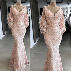 Bridesmaid Dresses 2034, feather evening dresses long pink lace applique v neck modest elegant mermaid luxury evening gown