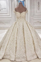 Wedding Dresses Online Shop, Cap sleeves Off the shoulder Lace Appliques Ball Gown Wedding Dress