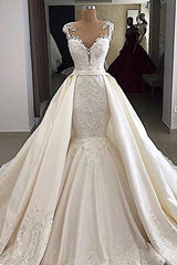 Wedding Dress Costs, Cap sleeves White Mermaid 2 in 1 Wedding Dresses with Overskirt