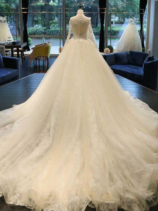 Wedding Dress Online Shop, Cathedral Train Appliques Long Sleeve A-line Wedding Dresses