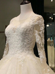 Wedding Dresses Online Shop, Cathedral Train Appliques Long Sleeve A-line Wedding Dresses