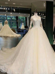 Wedding Dress Online Shops, Cathedral Train Appliques Long Sleeve A-line Wedding Dresses