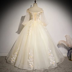 Party Dress Designer, Beautiful Ivory Tulle Long Sleeves Floral Sweet 16 Gown Party Gowns Prom Dress