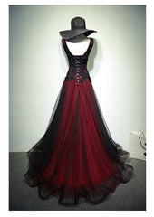 Party Dress Size 25, Gorgeous Black And Red V Neckline Tulle Beaded Prom Dress, Long Evening Gown