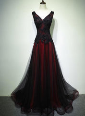 Party Dresses For 27 Year Olds, Gorgeous Black And Red V Neckline Tulle Beaded Prom Dress, Long Evening Gown