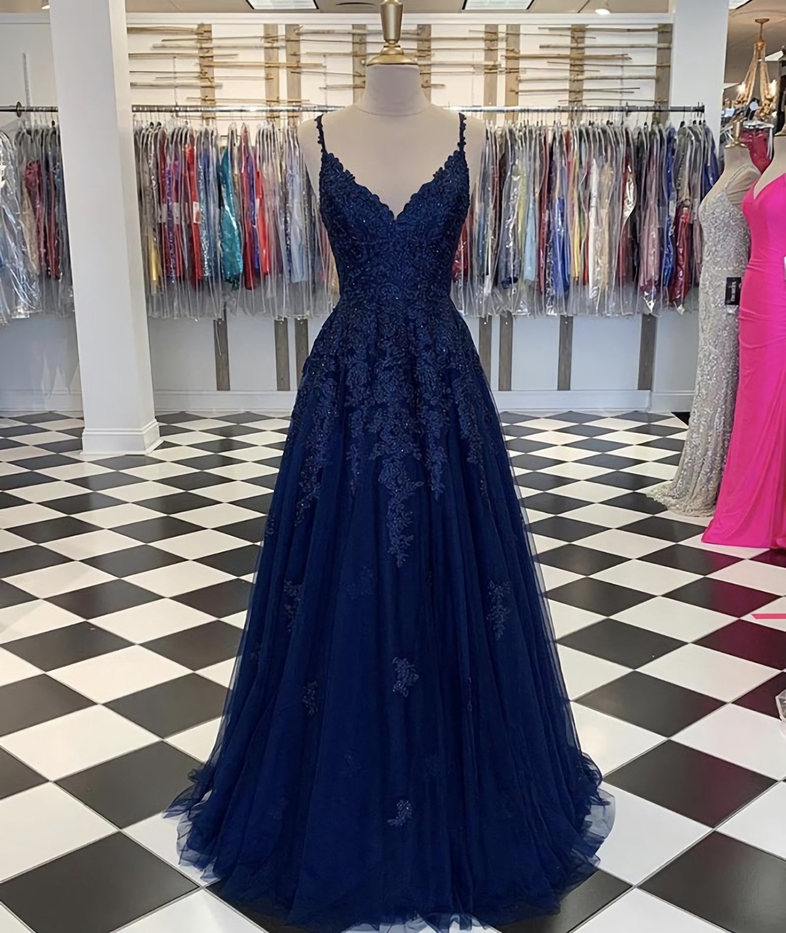 Party Dress Over 49, Blue V Neck Tulle Lace Long Prom Dress, Evening Dress