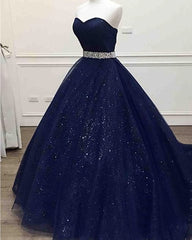 Party Dresses For Girls, Ong Navy Blue Sparkle Sweetheart Tulle Prom Dress, With Beading Belt