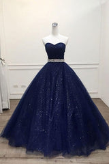 Party Dress Shiny, Ong Navy Blue Sparkle Sweetheart Tulle Prom Dress, With Beading Belt