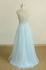 Party Dress In White, A Line Round Neck Baby Blue Lace Long Prom Dress, With Butterfly