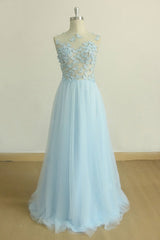 Party Dresses White, A Line Round Neck Baby Blue Lace Long Prom Dress, With Butterfly