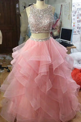 Party Dresses Long Dresses, Jewel Neck Pink Party Dresses, Sequins And Beaded 2 Pieces Prom Dresses, Ruffle And Tiered Tulle Affordable Evening Dresses