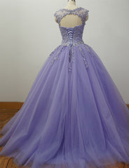 Party Dress Website, Gorgeous Cap Sleeves Lavender Ball Gown Quinceanera Dresses, Lace Appliqued Beading Bling Bling Sweet 16 Dress, Debutante Gown Prom Dresses