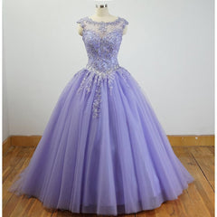 Party Dresses For Teen, Gorgeous Cap Sleeves Lavender Ball Gown Quinceanera Dresses, Lace Appliqued Beading Bling Bling Sweet 16 Dress, Debutante Gown Prom Dresses