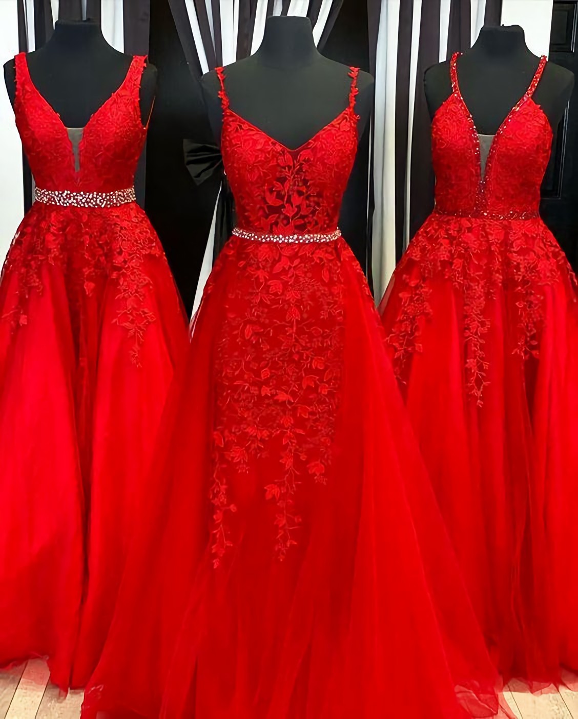 Night Dress, A Line Red Beaded Tulle Gown Prom Dresses