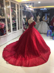 Party Dresses Ideas, Off Shoulder Dress, Off Shoulder Red Dress, Red Glitter Fabric Red Ballgown Dress, Prom Dress