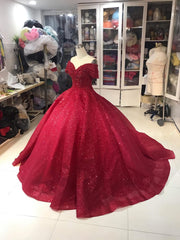 Party Dresses Idea, Off Shoulder Dress, Off Shoulder Red Dress, Red Glitter Fabric Red Ballgown Dress, Prom Dress