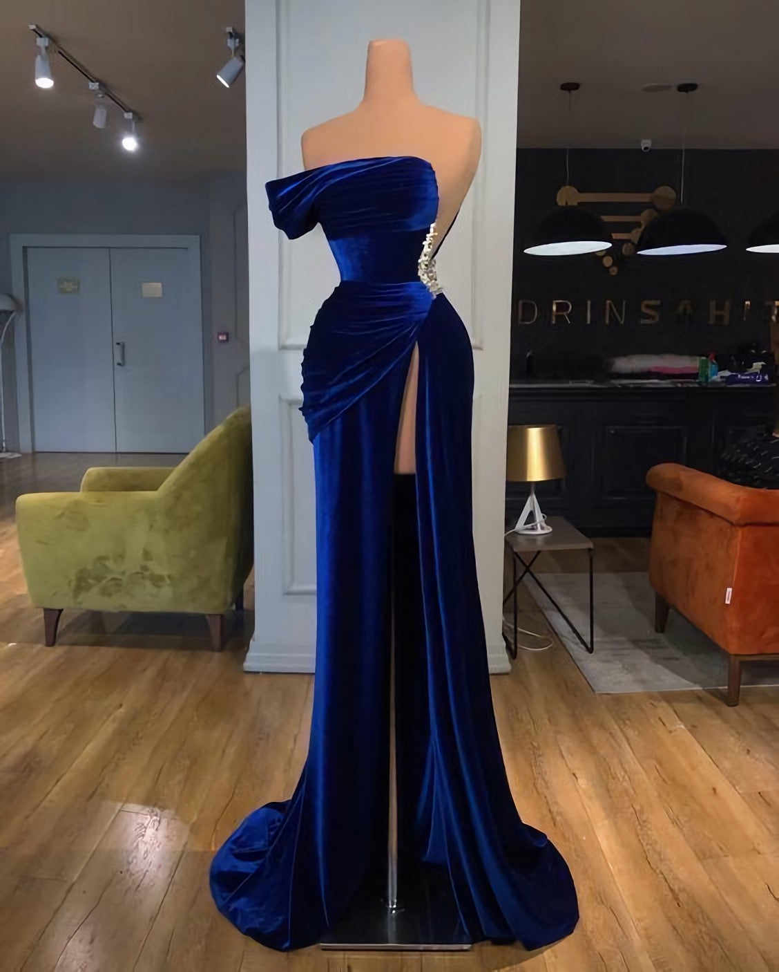 Party Outfit, One Shoulder Royal Blue Velvet Evening Prom Dress, With Slit