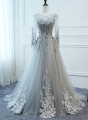 Party Dresses Weddings, Grey Long Sleeves V Neckline Tulle Prom Dress, A Line Floor Length Party Dress