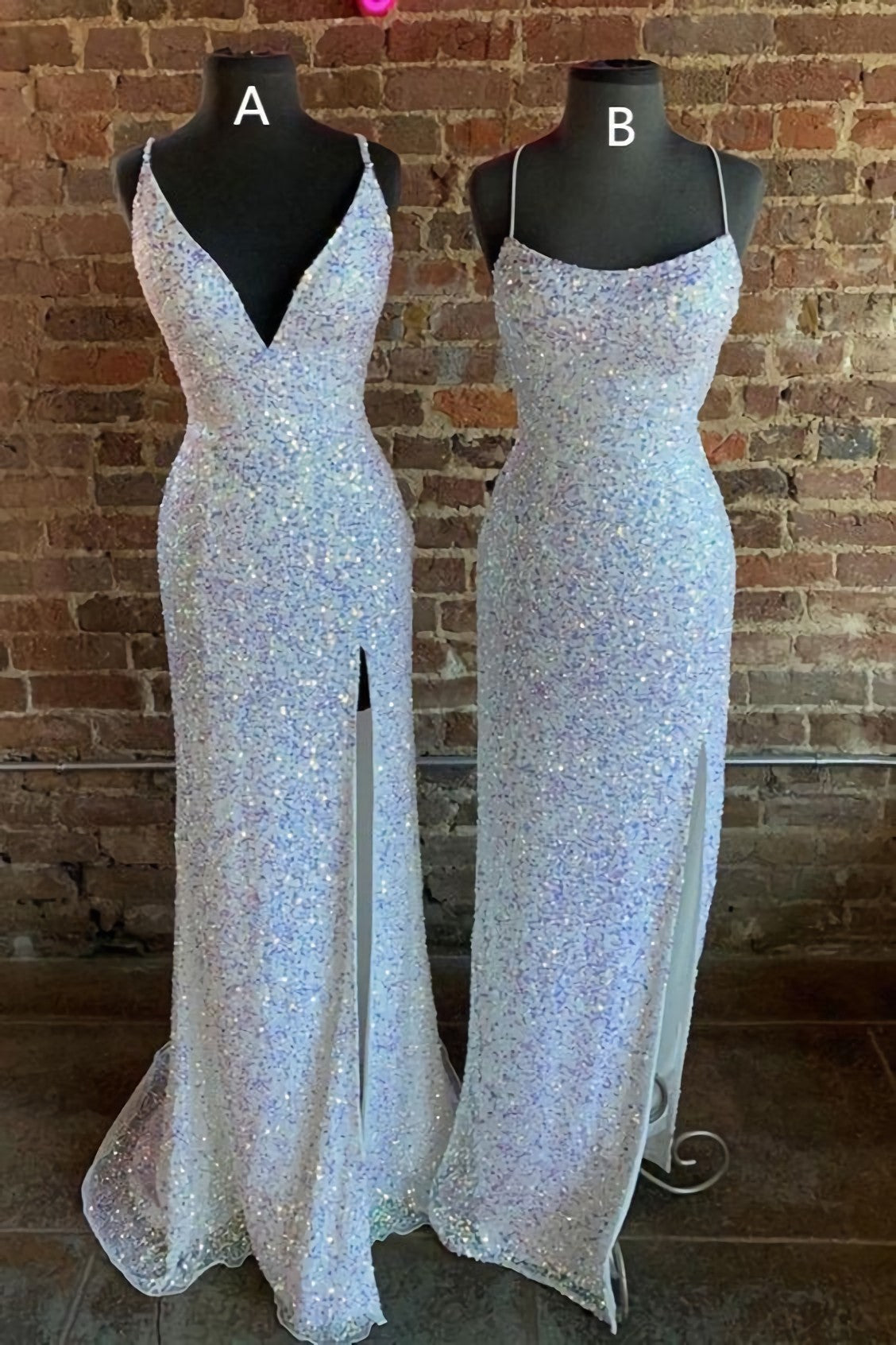 Party Dress Mid Length, Gorgeous Mermaid White Sequined Long Prom Dresses, Formal Dresses, With Side Slit