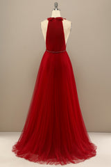 Slip Dress, Red Pleated Long Chiffon Prom Dress