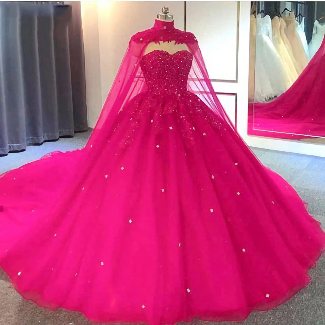 Party Dress Long Sleeve, Hot Pink Detachable Cape Quinceanera Sweet 16 Ball Gown Prom Dress