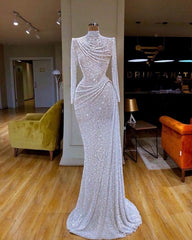 Evening Dress Long, White Sequin Pageant Prom Dress, Evening Gown